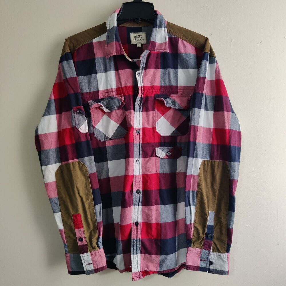 Ecko Unltd. Shirt Mens Size XL‎ Plaid Flannel Long Sleeve Corduroy Elbow Patches